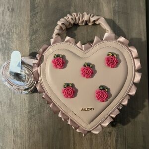 Aldo Heart-Shaped Pink Handbag with Rose Floral Accents Valentines Day Purse